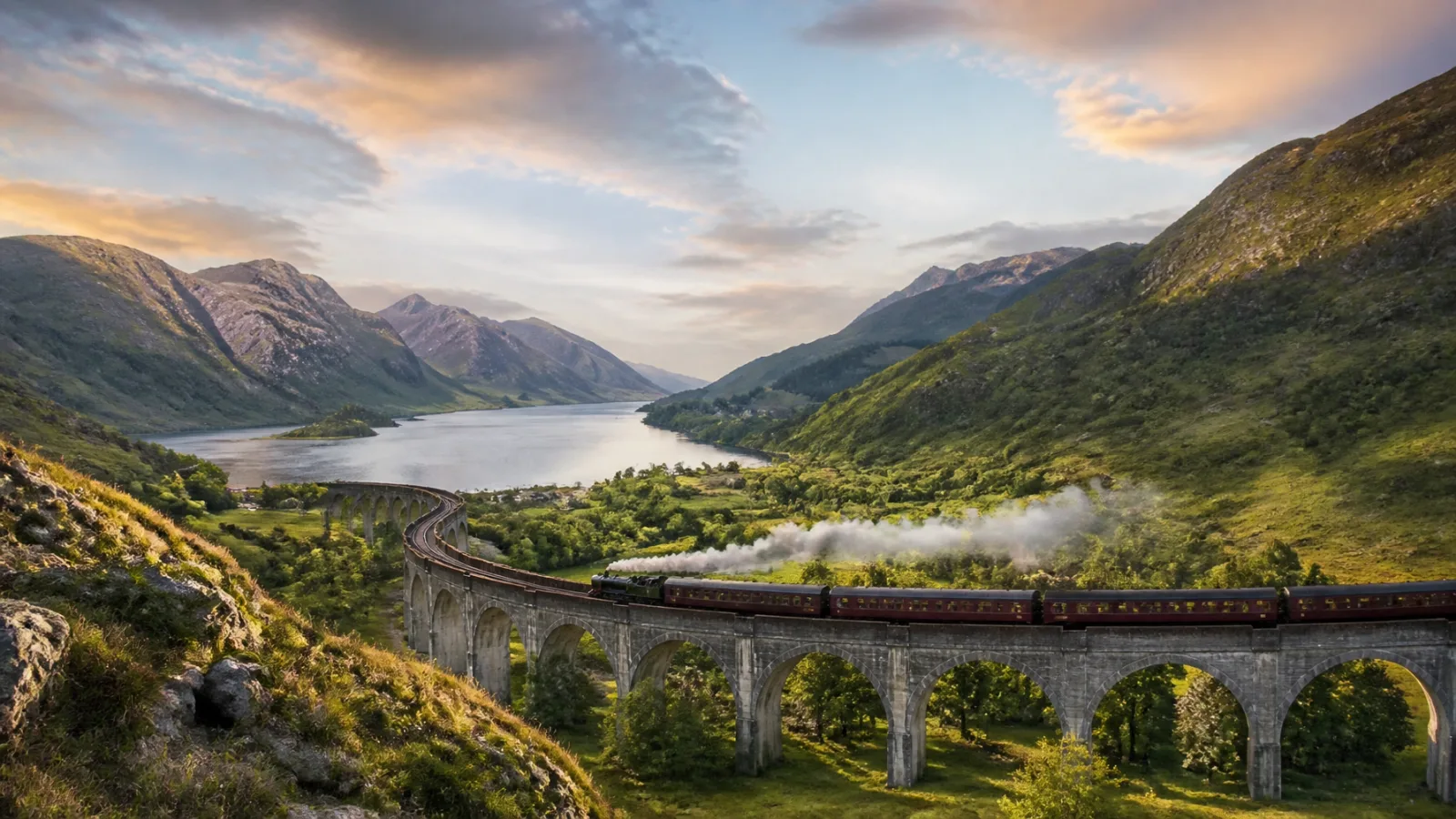 A train crossing a viaduct through a green Scottish valley